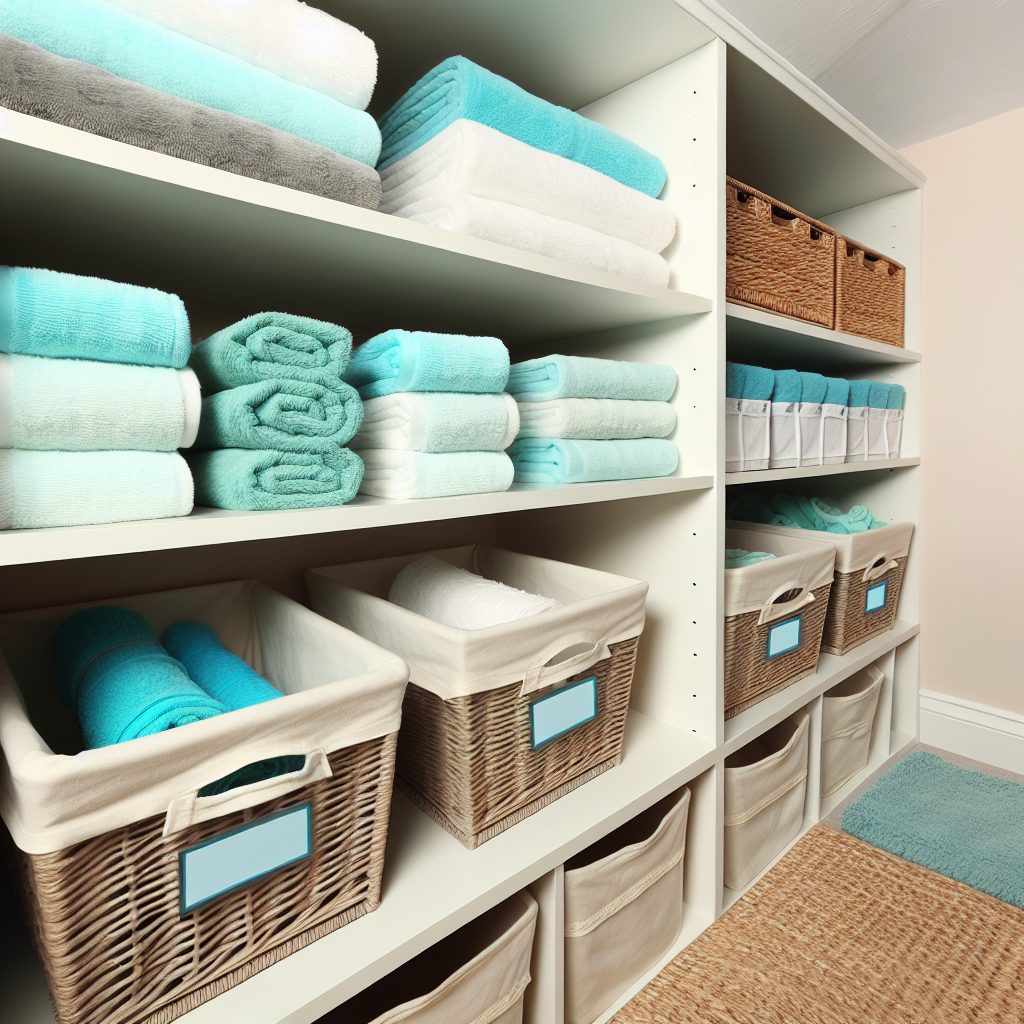 Organized linen closet with labeled storage
